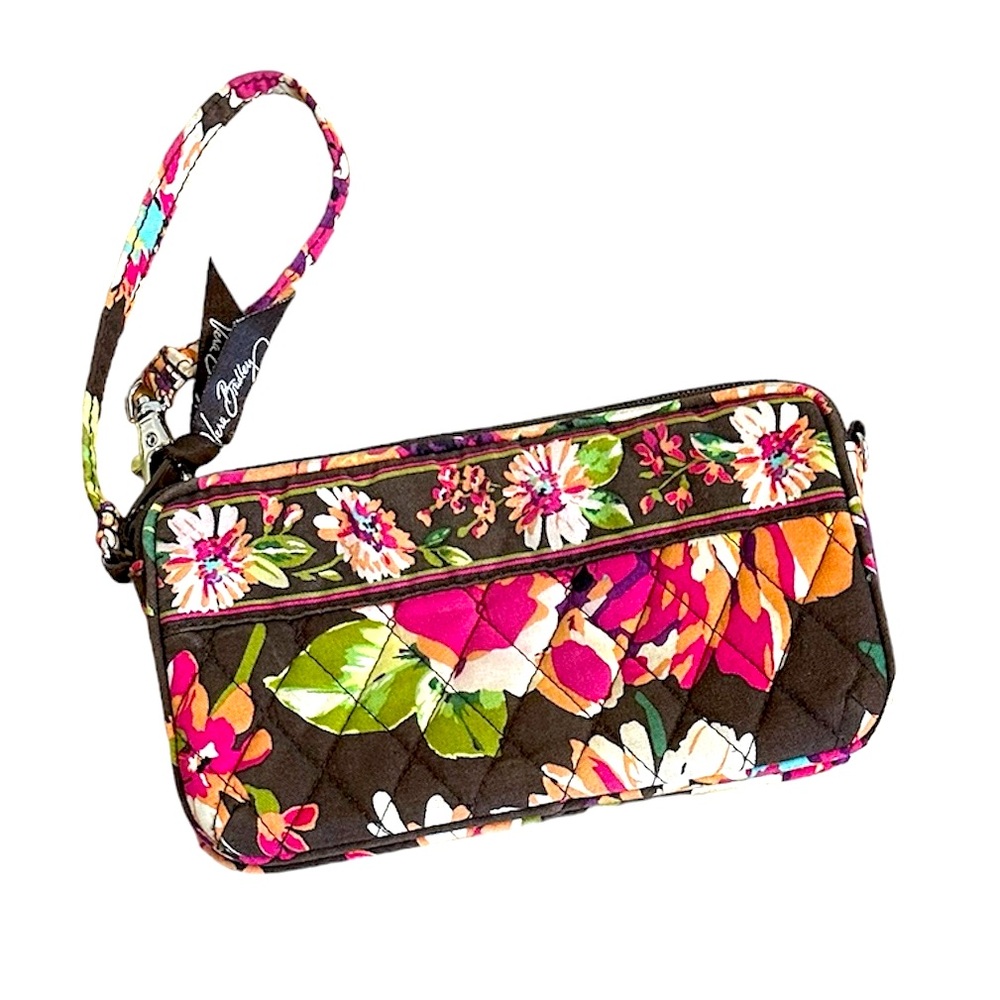 Vera Bradley brown floral zippered wristlet,  8“ x 4“ x 2“